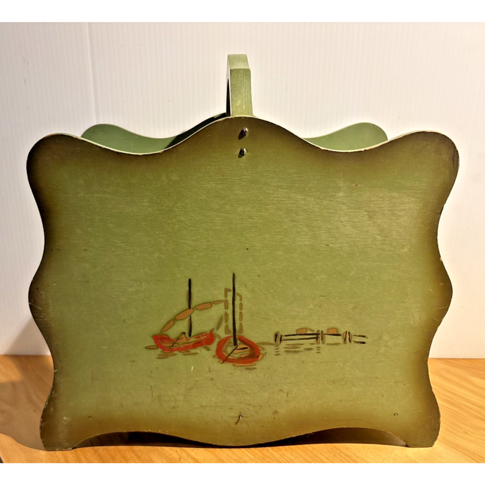 Vtg Art Deco Green Wooden Magazine Rack Colonial Scene 15 X 16